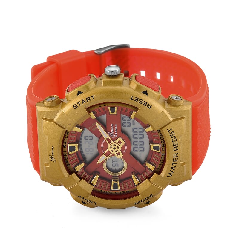 Genoa Japanese and Electronic Movement Multifunctional LED Watch in Goldtone with Red Strap