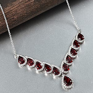 D'Joy Mozambique Garnet and Moissanite 16.10 ctw Flame Cascade Necklace in Rhodium Over Sterling Silver 18-20 Inches