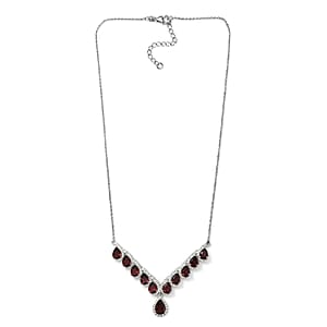 D'Joy Mozambique Garnet and Moissanite 16.10 ctw Flame Cascade Necklace in Rhodium Over Sterling Silver 18-20 Inches