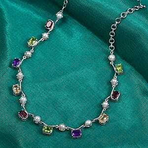 GP Royal Art Deco Collection Multi Gemstone 9.40 ctw Necklace in Rhodium Over Sterling Silver 18-20 Inches