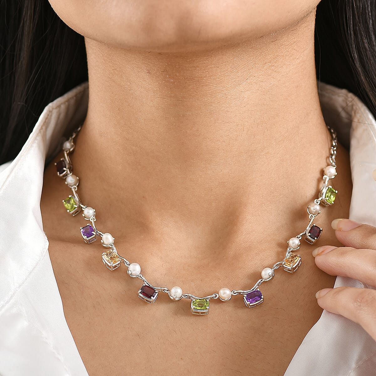 GP Royal Art Deco Collection Premium Multi Gemstone 9.40 ctw Necklace in Rhodium Over Sterling Silver 18-20 Inches image number 2
