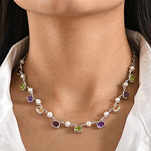 GP Royal Art Deco Collection Multi Gemstone 9.40 ctw Necklace in Rhodium Over Sterling Silver 18-20 Inches