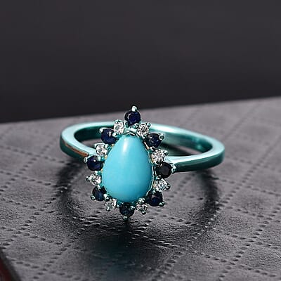 D'Joy Sleeping Beauty Turquoise and Multi Gemstone 1.60 ctw Ring in Blue E-coat Sterling Silver (Size 5.0)