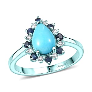 D'Joy Sleeping Beauty Turquoise and Multi Gemstone 1.60 ctw Aura Bloom Ring in Blue E-coat Sterling Silver (Size 7.0)