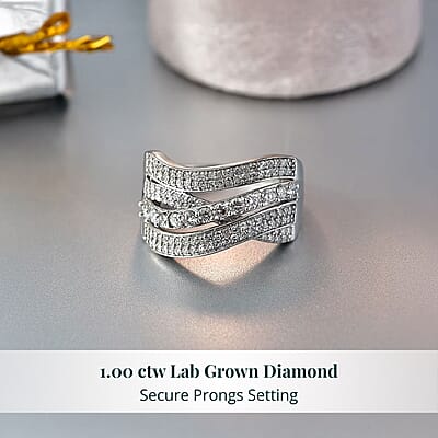 Luxuriant Lab Grown Diamond G-H SI 1.00 ctw Wave Bridge Ring in Rhodium Over Sterling Silver (Size 10.0)