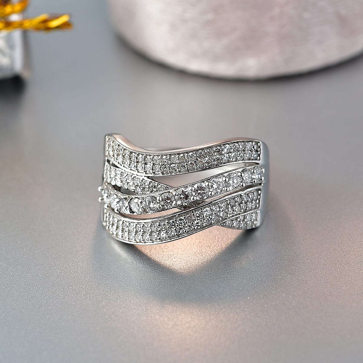 Luxuriant Lab Grown Diamond G-H SI 1.00 ctw Wave Bridge Ring in Rhodium Over Sterling Silver (Size 6.0) image number 1