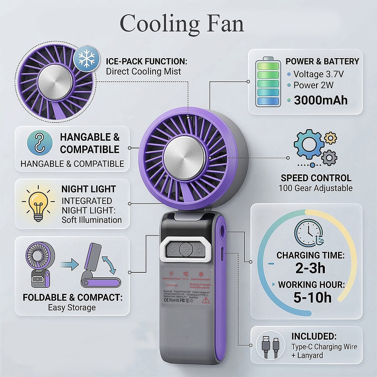 Livmore Gray Cooling Fan with LED Light (4.96"x4.4"x10.24") image number 2