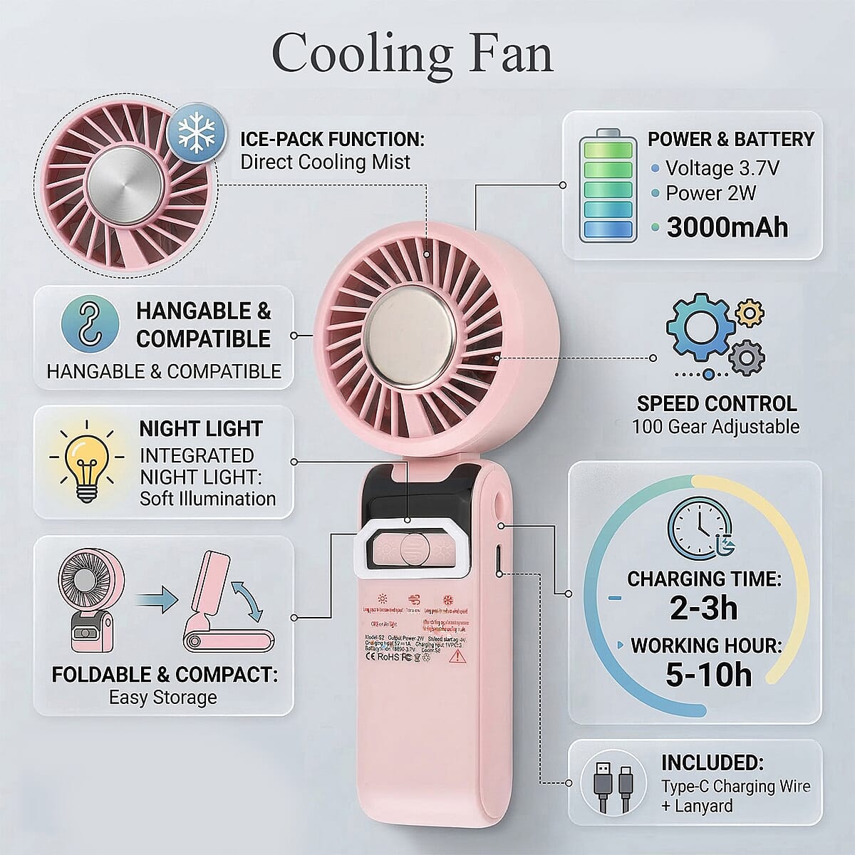 Livmore Pink Cooling Fan with LED Light image number 2