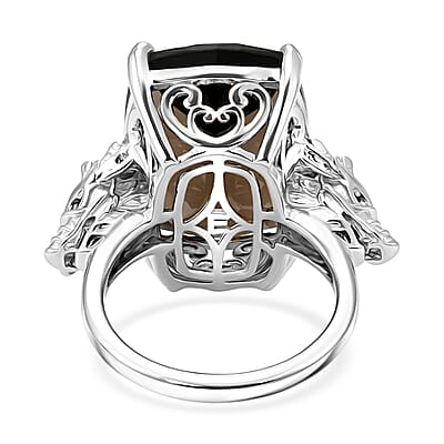 EverTrue Smoky Quartz, Thai Black Spinel Ring in Platinum Bond