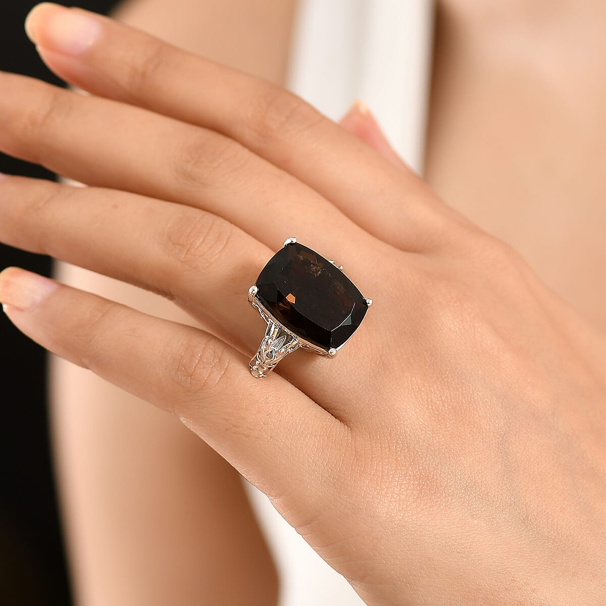 EverTrue Smoky Quartz, Thai Black Spinel Ring in Platinum Bond image number 2