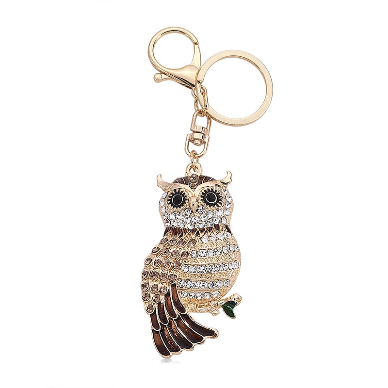  Multi Color Austrian Crystal, Enameled Owl Keychain in Goldtone