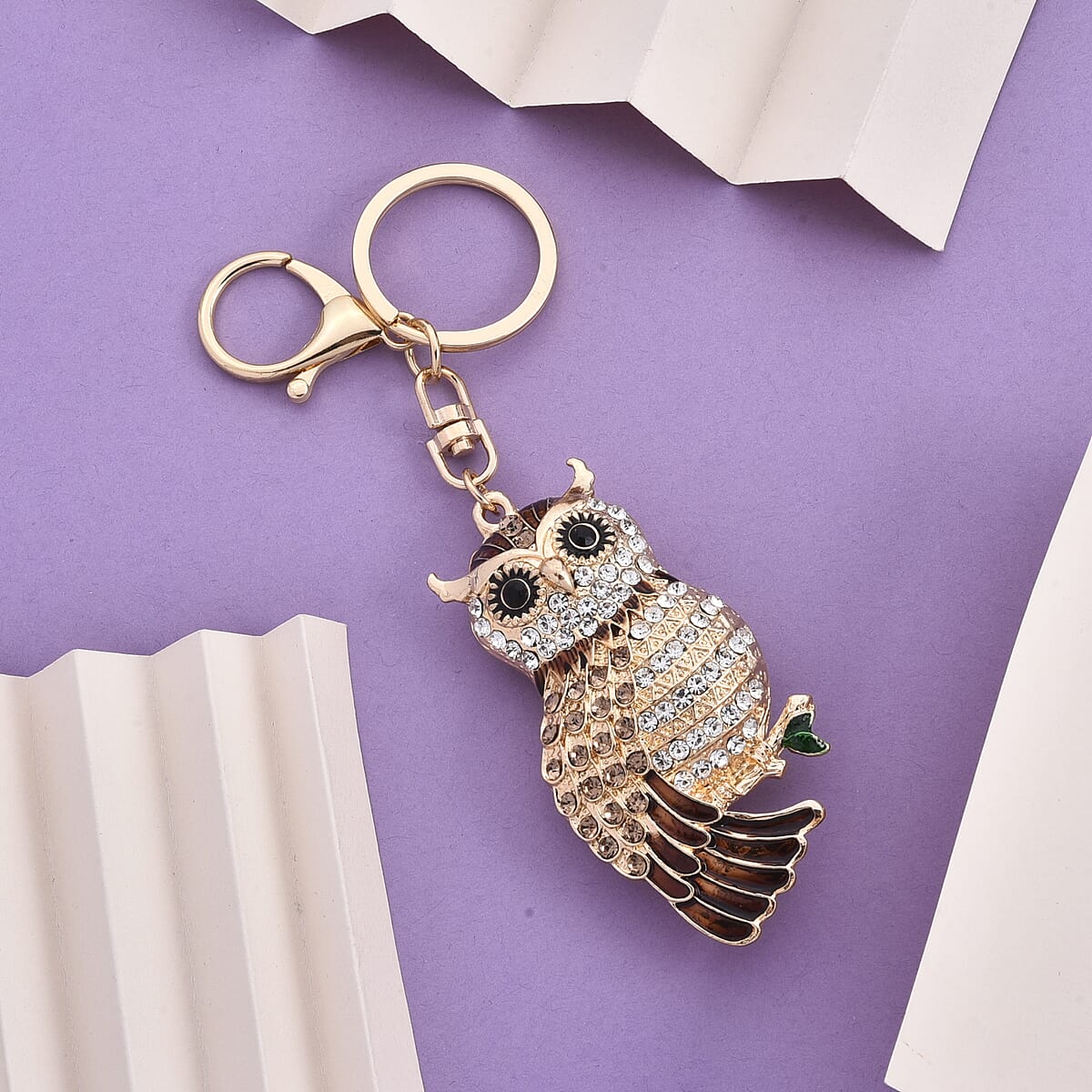  Multi Color Austrian Crystal, Enameled Owl Keychain in Goldtone image number 1