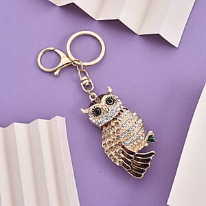  Multi Color Austrian Crystal, Enameled Owl Keychain in Goldtone