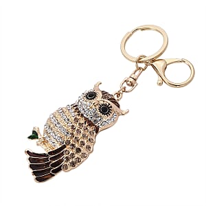  Multi Color Austrian Crystal, Enameled Owl Keychain in Goldtone