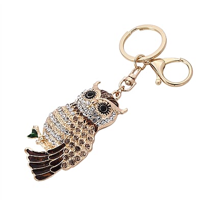  Multi Color Austrian Crystal, Enameled Owl Keychain in Goldtone