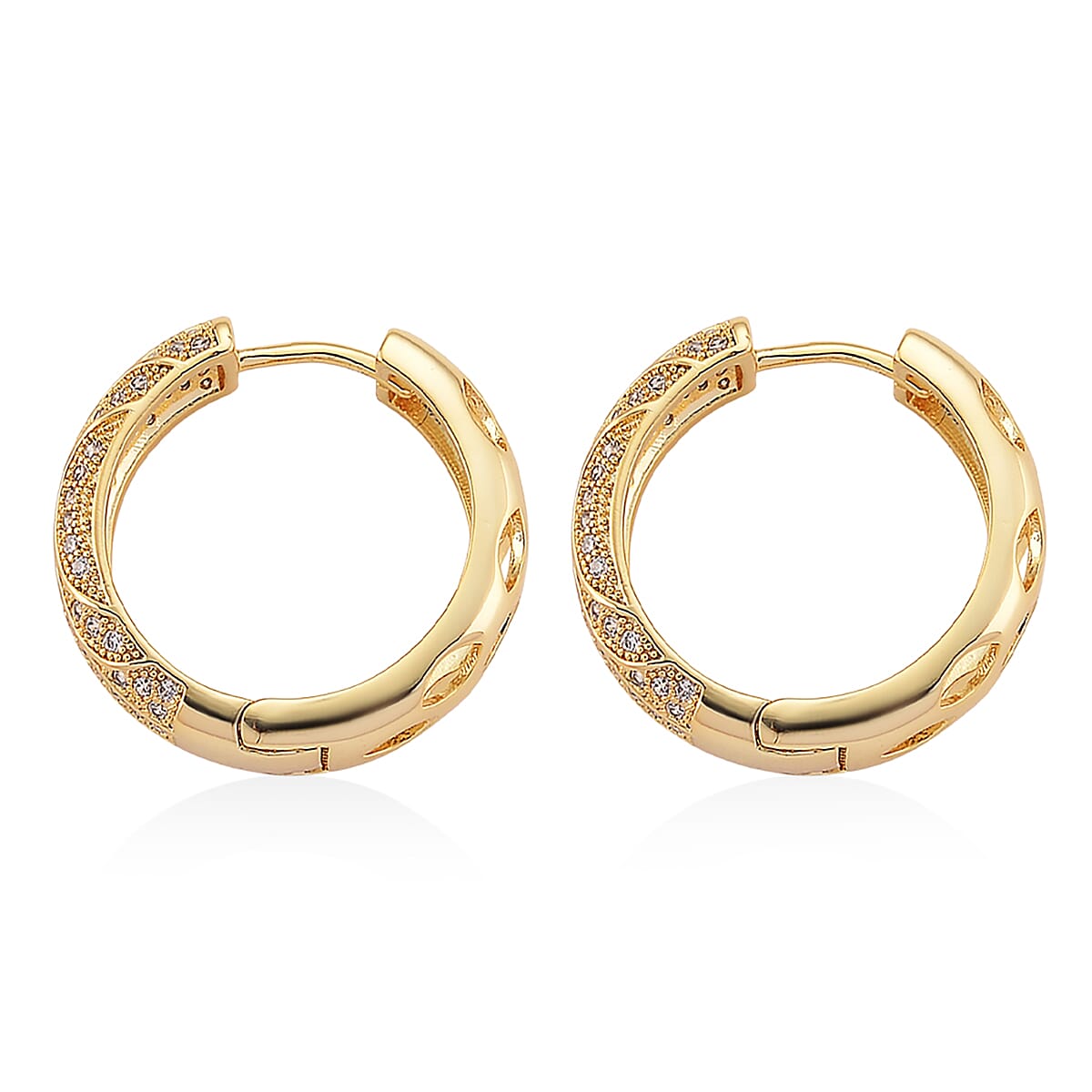 Simulated Diamond Hoop Earrings in Goldtone image number 3