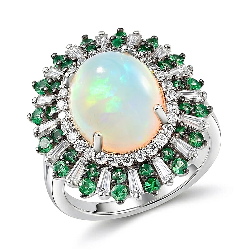 D'Joy Premium Ethiopian Welo Opal and Multi Gemstone 4.85 ctw Sunburst Ring in Rhodium Over Sterling Silver (Size 10.0)
