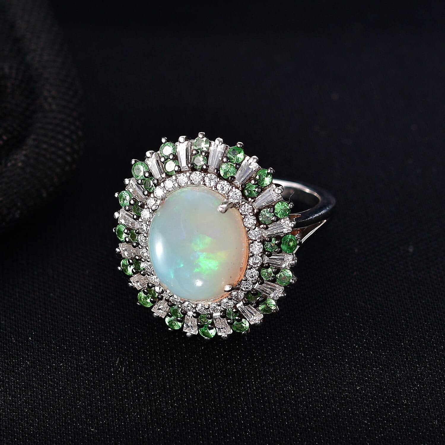 D'Joy Premium Ethiopian Welo Opal and Multi Gemstone 4.85 ctw Sunburst Ring in Rhodium Over Sterling Silver (Size 10.0)