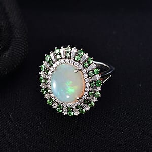 D'Joy Premium Ethiopian Welo Opal and Multi Gemstone 4.85 ctw Sunburst Ring in Rhodium Over Sterling Silver (Size 7.0)