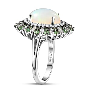 D'Joy Premium Ethiopian Welo Opal and Multi Gemstone 4.85 ctw Sunburst Ring in Rhodium Over Sterling Silver (Size 7.0)
