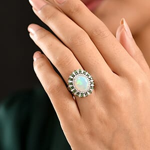 D'Joy Premium Ethiopian Welo Opal and Multi Gemstone 4.85 ctw Sunburst Ring in Rhodium Over Sterling Silver (Size 8.0)