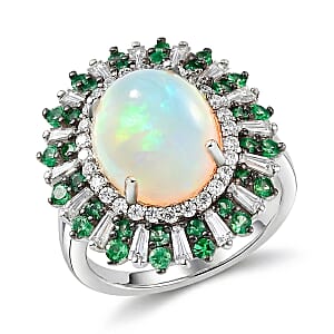 D'Joy Premium Ethiopian Welo Opal and Multi Gemstone 4.85 ctw Sunburst Ring in Rhodium Over Sterling Silver (Size 9.0)