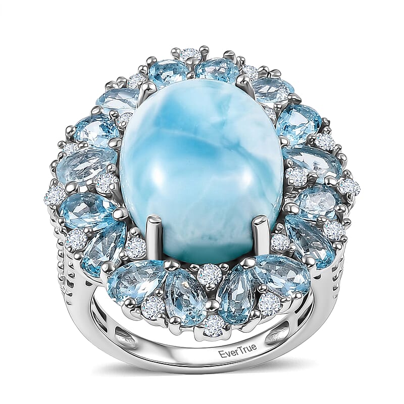 EverTrue Premium Larimar and Multi Gemstone 15.40 ctw Peony Floral Ring in Platinum Bond (Size 10.0)