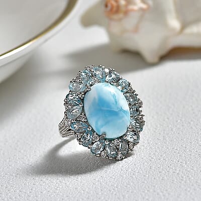 EverTrue Premium Larimar and Multi Gemstone 15.40 ctw Peony Floral Ring in Platinum Bond (Size 10.0)