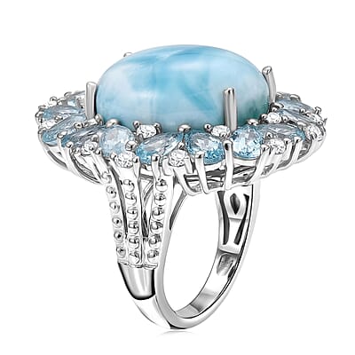 EverTrue Premium Larimar and Multi Gemstone 15.40 ctw Peony Floral Ring in Platinum Bond (Size 10.0)