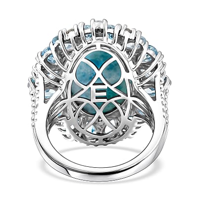 EverTrue Premium Larimar and Multi Gemstone 15.40 ctw Peony Floral Ring in Platinum Bond (Size 10.0)