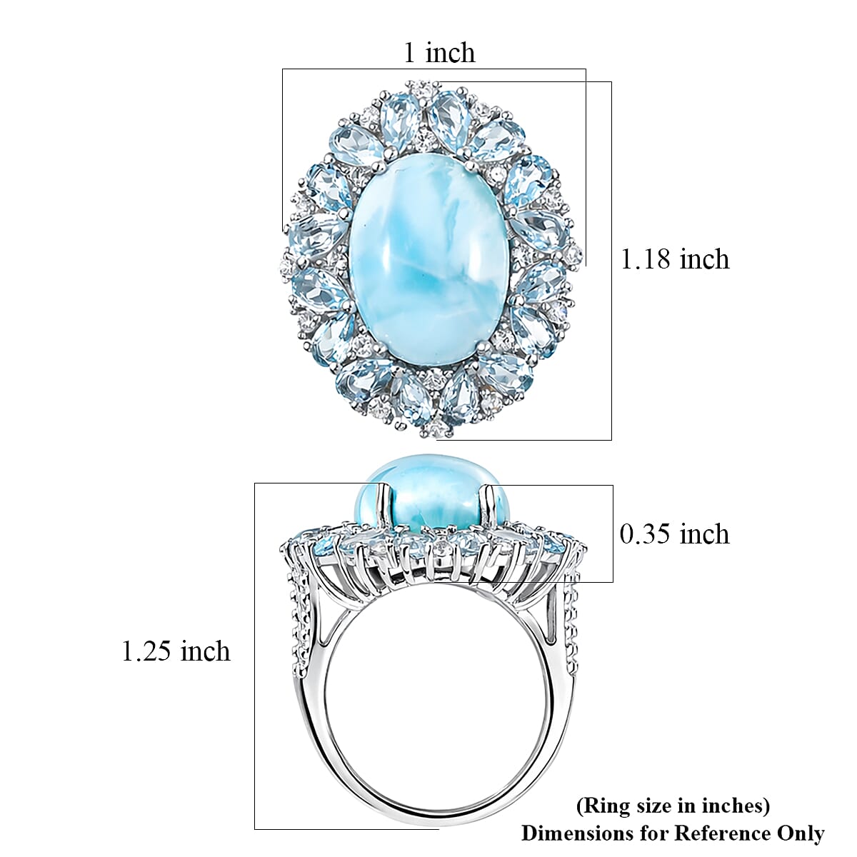 EverTrue Premium Larimar and Multi Gemstone 15.40 ctw Peony Floral Ring in Platinum Bond (Size 10.0)