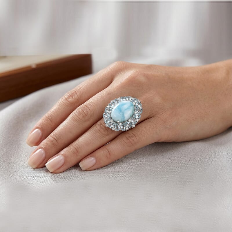 EverTrue Premium Larimar and Multi Gemstone 15.40 ctw Peony Floral Ring in Platinum Bond (Size 5.0)