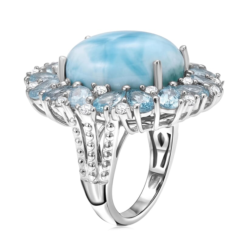 EverTrue Premium Larimar and Multi Gemstone 15.40 ctw Peony Floral Ring in Platinum Bond (Size 5.0)