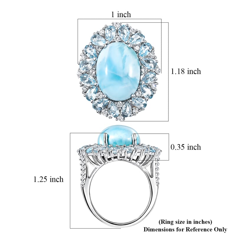 EverTrue Premium Larimar and Multi Gemstone 15.40 ctw Peony Floral Ring in Platinum Bond (Size 5.0)