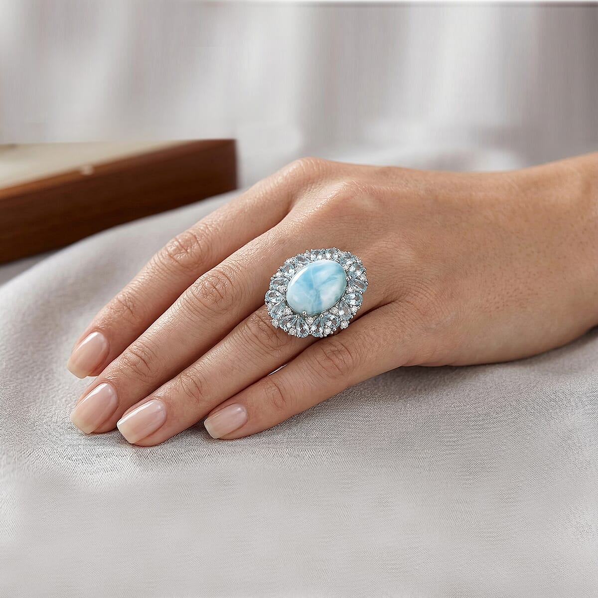 EverTrue Premium Larimar and Multi Gemstone 15.40 ctw Peony Floral Ring in Platinum Bond (Size 8.0) image number 2