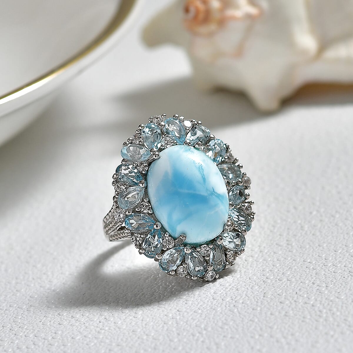 EverTrue Premium Larimar and Multi Gemstone 15.40 ctw Peony Floral Ring in Platinum Bond (Size 9.0) image number 1