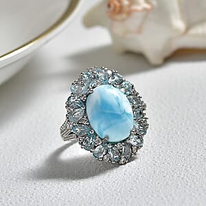 EverTrue Premium Larimar and Multi Gemstone 15.40 ctw Peony Floral Ring in Platinum Bond (Size 9.0)