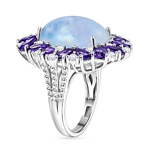 EverTrue Premium Rainbow Moonstone and Multi Gemstone 13.60 ctw Peony Floral Ring in Platinum Bond (Size 5.0)