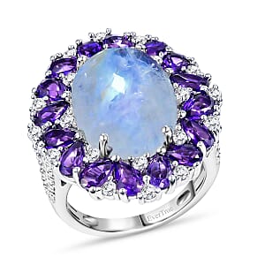 EverTrue Premium Rainbow Moonstone and Multi Gemstone 13.60 ctw Peony Floral Ring in Platinum Bond (Size 6.0)