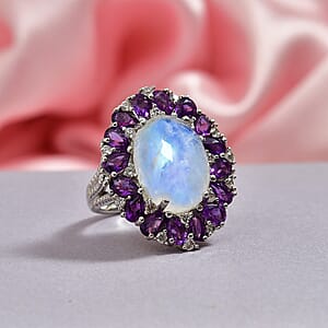 EverTrue Premium Rainbow Moonstone and Multi Gemstone 13.60 ctw Peony Floral Ring in Platinum Bond (Size 6.0)