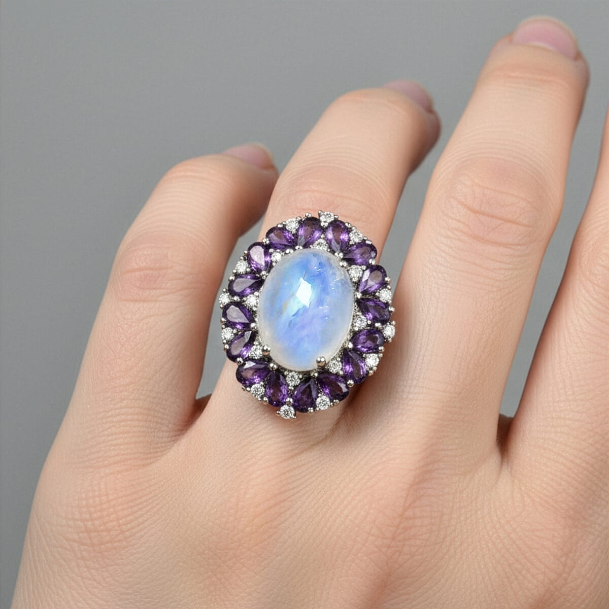 EverTrue Premium Rainbow Moonstone and Multi Gemstone 13.60 ctw Peony Floral Ring in Platinum Bond (Size 7.0) image number 2