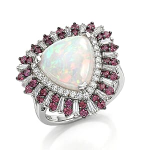 D'Joy Premium Ethiopian Welo Opal and Multi Gemstone 6.25 ctw Sunburst Ring in Rhodium Over Sterling Silver (Size 6.0)