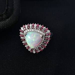 D'Joy Premium Ethiopian Welo Opal and Multi Gemstone 6.25 ctw Sunburst Ring in Rhodium Over Sterling Silver (Size 7.0)