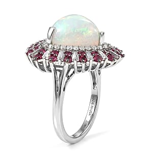 D'Joy Premium Ethiopian Welo Opal and Multi Gemstone 6.25 ctw Sunburst Ring in Rhodium Over Sterling Silver (Size 7.0)
