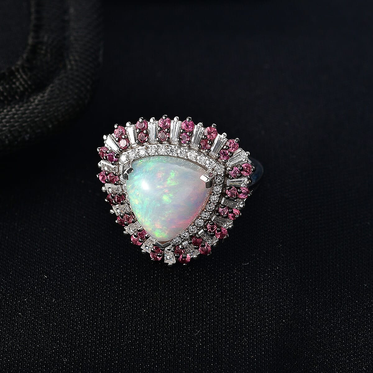 D'Joy Premium Ethiopian Welo Opal and Multi Gemstone 6.25 ctw Sunburst Ring in Rhodium Over Sterling Silver (Size 8.0) image number 1