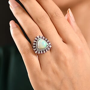 D'Joy Premium Ethiopian Welo Opal and Multi Gemstone 6.25 ctw Sunburst Ring in Rhodium Over Sterling Silver (Size 9.0)