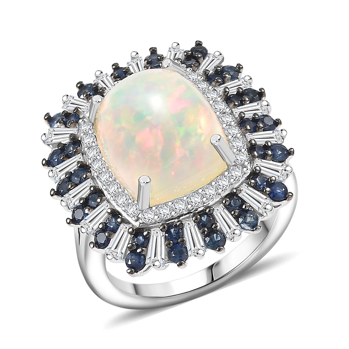 D'Joy Premium Ethiopian Welo Opal and Multi Gemstone 6.10 ctw Sunburst Ring in Rhodium Over Sterling Silver (Size 10.0)