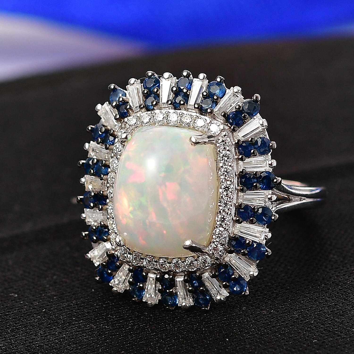 D'Joy Premium Ethiopian Welo Opal and Multi Gemstone 6.10 ctw Sunburst Ring in Rhodium Over Sterling Silver (Size 10.0)
