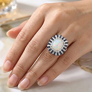 D'Joy Premium Ethiopian Welo Opal and Multi Gemstone 6.10 ctw Sunburst Ring in Rhodium Over Sterling Silver (Size 10.0)