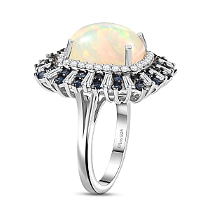 D'Joy Premium Ethiopian Welo Opal and Multi Gemstone 6.10 ctw Sunburst Ring in Rhodium Over Sterling Silver (Size 10.0)